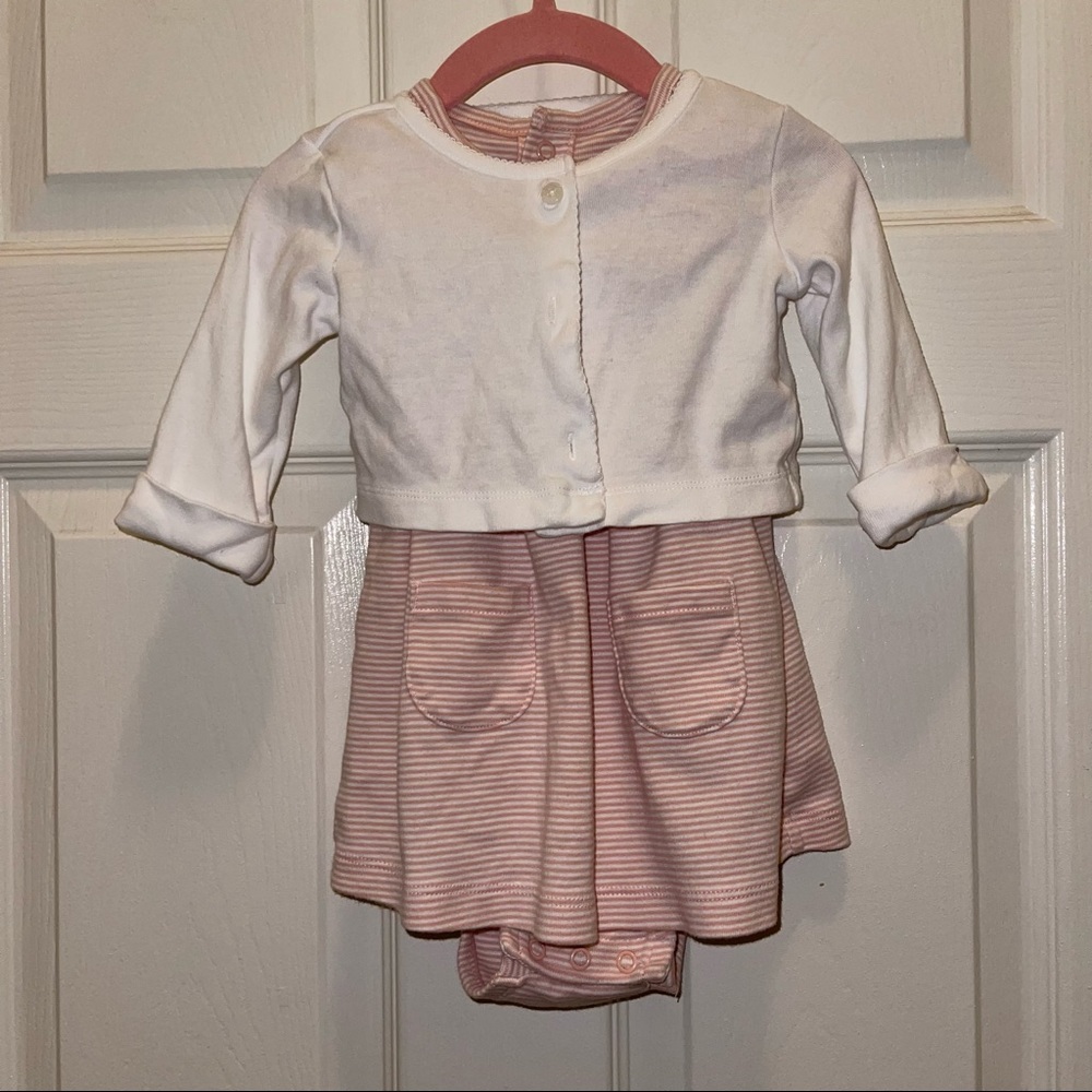 Carters Baby Girl Pink Striped Cotton Onesie Dress & White Cardigan Set 12 Month